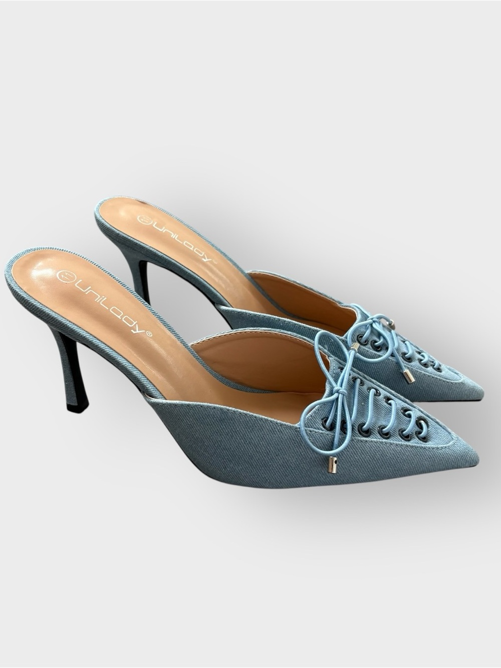 Unilady Denim Lace Up Pointed Toe Mule Slip On Heel